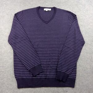 Calvin Klein Sweater Mens Medium Purple Striped V Neck Merino Wool Blend Knit